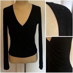 The Limited Sequin-Shoulder Stretch Wrap Top with Long Sleeves